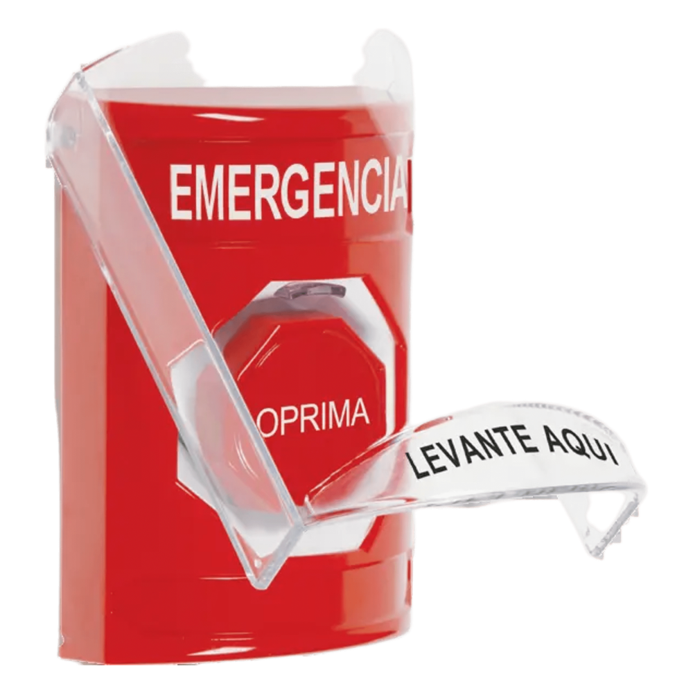 Botón Multipropósito, Color Rojo, De Superficie, Con Tapa De Policarbonato, Con Bocina Pre Alarma, Solo Interior, Llave Para Restablecer, Texto De Emergencia, Español