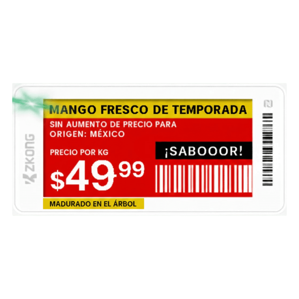 Etiqueta de Estantería Electrónica ESL ZKE21B / Pantalla EPD 2.13 Pulgadas / Resolución 122x250 Píxeles / 4 Colores (Negro Blanco Rojo Amarillo) / BLE 5.0 con Encriptación AES-128 / Batería 5 Años / NFC / C