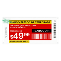 Etiqueta de Estantería Electrónica ESL ZKE21B / Pantalla EPD 2.13 Pulgadas / Resolución 122x250 Píxeles / 4 Colores (Negro Blanco Rojo Amarillo) / BLE 5.0 con Encriptación AES-128 / Batería 5 Años / NFC / C