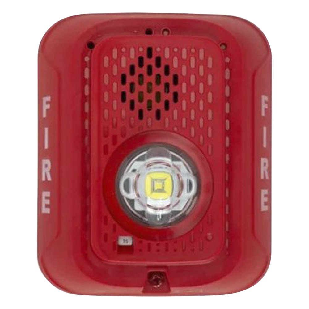 Sirena con estrobo LED de 2 hilos para pared, 24 Vcd, candela seleccionable hasta 185 cd, puntos de prueba DVM, color rojo