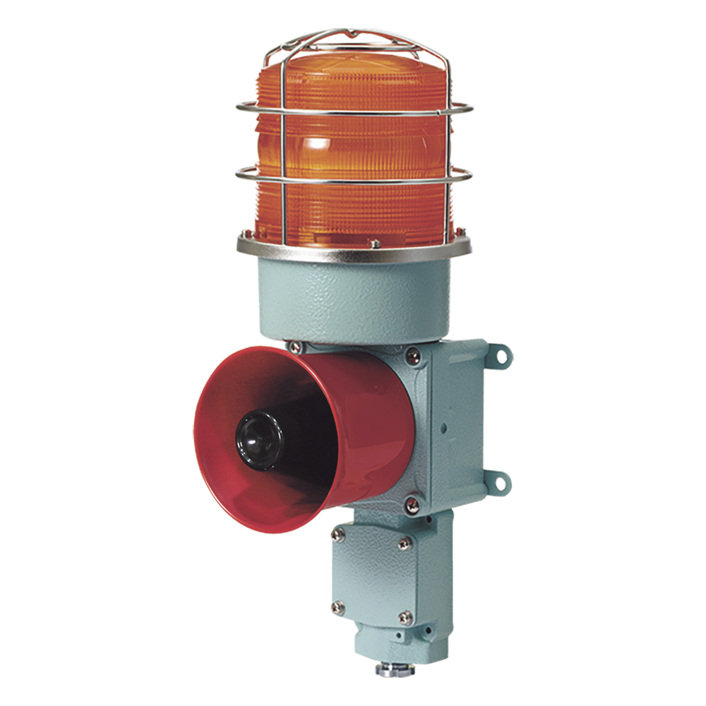 Combinación de Luz Giratoria LED y Bocina Eléctrica / WS-5 Sonidos de Advertencia / 120dB Máx. / AC120V / IP66 / Lente Ámbar / Carcasa de Aluminio / Compatible con Jaula Protectora STS316L / Aplicaciones Marítimas e Indu