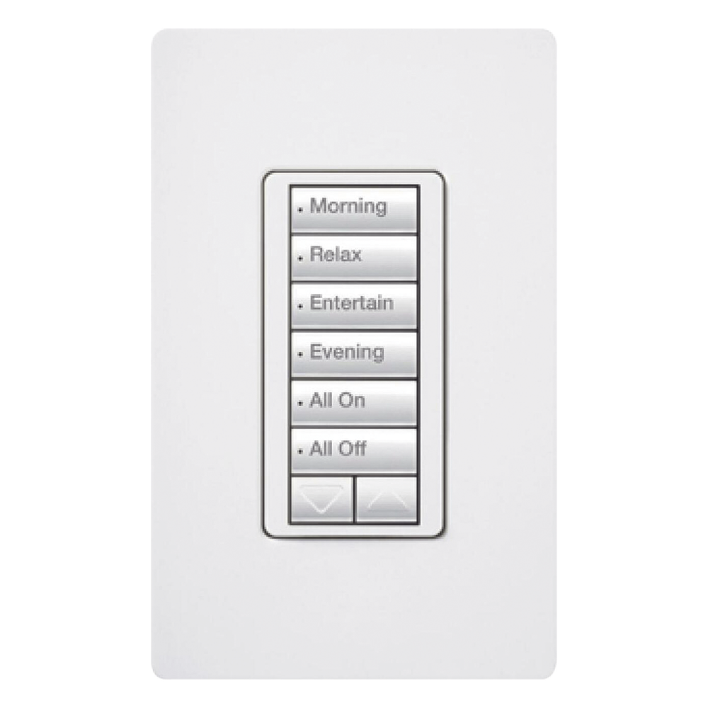 Teclado híbrido C•L de 6 botones con subir/bajar y atenuador integrado de 450 W (100 W en LED/CFL), requiere neutro, para sistema RadioRA 2, color blanco