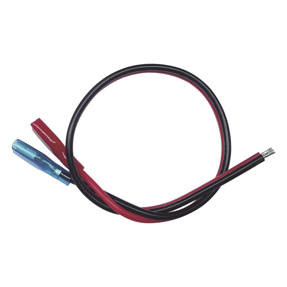 Cables en Paquete Dual / Cable Rojo y Negro / 30 cm (11.81 Pulgadas) / Terminal F1 en un Extremo / Puntas Libres en el Otro / Conexión a Baterías de Respaldo