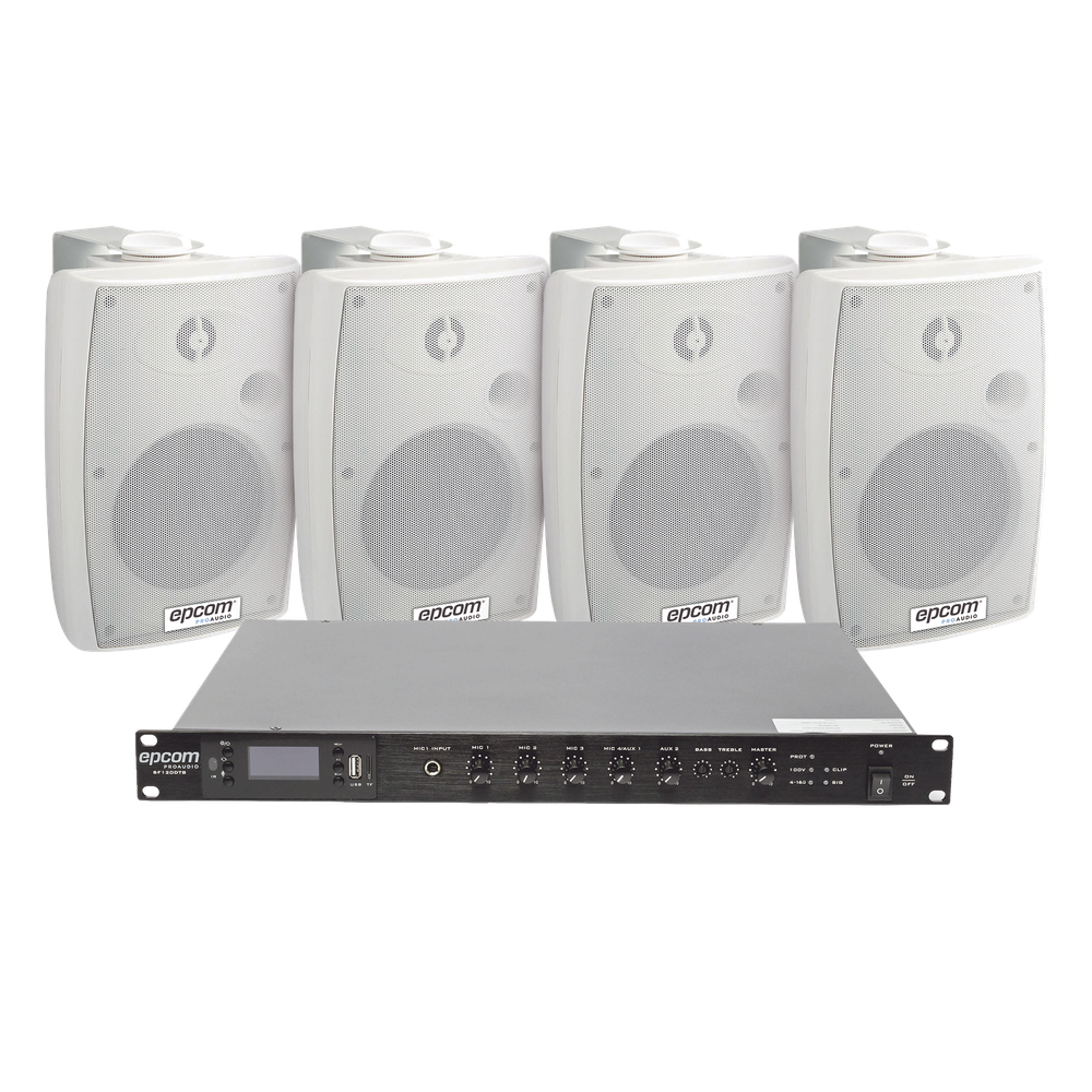 KIT de Amplificador de Audio 120W para Rack | 4 Altavoces de Pared color Blanco 2.5W - 20W | Sistema 70/100V