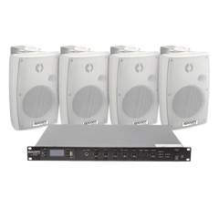 KIT de Amplificador de Audio 120W para Rack | 4 Altavoces de Pared color Blanco 2.5W - 20W | Sistema 70/100V