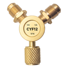 Conector Y CYF12 para Sistemas de Refrigeración / 2 Entradas 1/4" Macho Flare / 1 Salida 5/16" Hembra Flare / Recuperación Rápida y Evacuación / Material Metálico Resistente