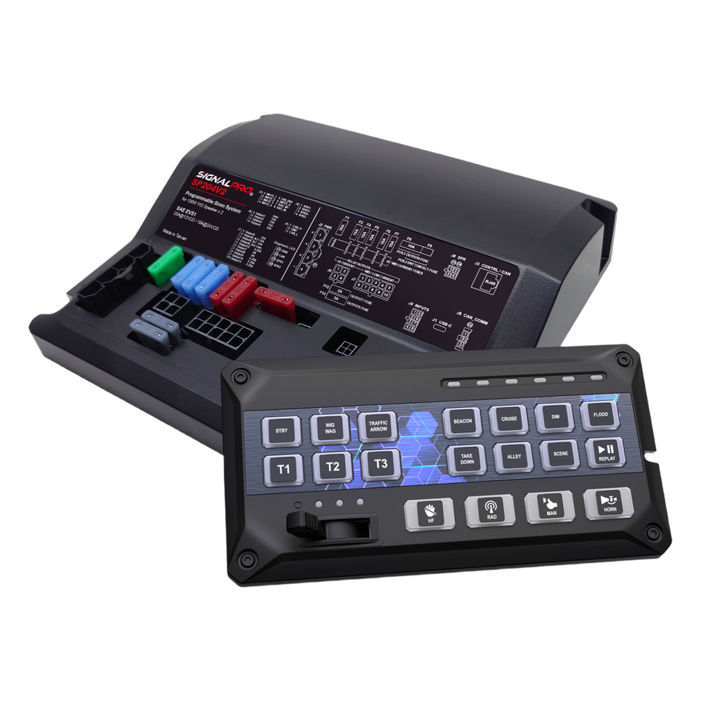 Sirena Vehicular de 200W de Potencia, Programable, Con Controlador de Panel Deslizante de 19 botones, indicador de flecha de tráfico de 6 LED, 12 Salidas Auxiliares