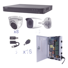 KIT TurboHD 1080p / DVR 16 Canales / 8 Cámaras Bala (exterior 2.8 mm) / 8 Cámaras Eyeball (exterior 2.8 mm) / Transceptores / Conectores / Fuente de Poder Profesional