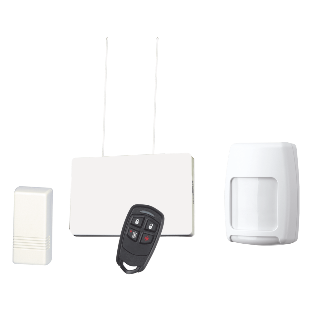 Kit inalámbrico con receptor, contactos magnéticos, detector de movimiento PIR y control remoto de 4 botones para panel de alarma Honeywell serie Vista