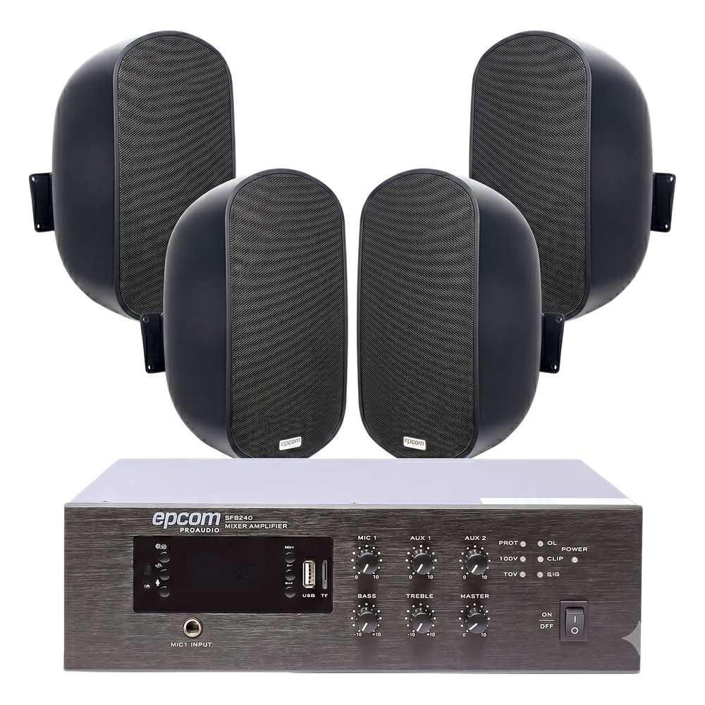 KIT de Amplificador de 240W para Escritorio | 4 Altavoces de Pared color Negro 3W - 50W | Sistema 70/100V