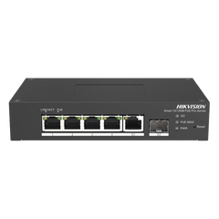 Switch PoE+ Industrial de Escritorio / Administrable / 4 Puertos 10/100 Mbps PoE+ / 1 Puerto 1000 Mbps Uplink / 1 Puertos SFP  /  Configuración Nube Hik-PartnerPro / Modo Extendido hasta 300 Metros / 60 Watts
