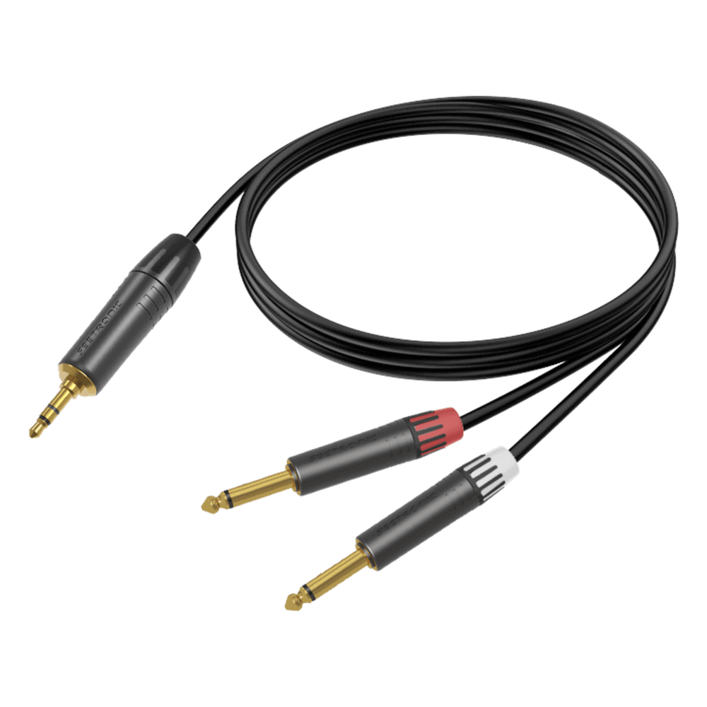 Cable de Audio | Plug 3.5mm estéreo a 2 Plugs 1/4 in mono | Conector Seetronic Serie M MTP3C-BG - MP2X-BG | Longitud 5m