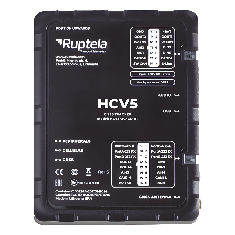Localizador y Rastreador Vehicular GPS Avanzado / LTE Cat M1 (4G), 3G y 2G / Lectura de Computadora de Viaje en Vehículos Compatibles / CAN FMS, J1708 y J1939 / Sensores Bluetooth BLE 5.1 / RS232 y RS485 / Entradas Analógicas y RFID / Vehículos Ligeros