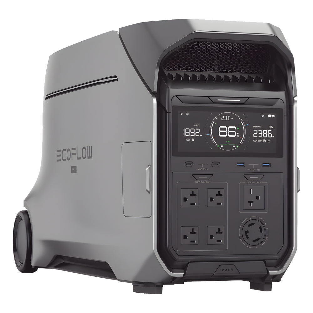Estación de Energía Portátil DELTA PRO3 / 4096Wh Litio LFP / 5 AC 4000W (8000W Pico) / 2 USB-C 100W / Capacidad para Aumentar Respaldo / Cargador de Coche 10A a 12.6V / Conectividad WiFi y Bluetooth (App) / Carga Solar 2600W Max. (2 P