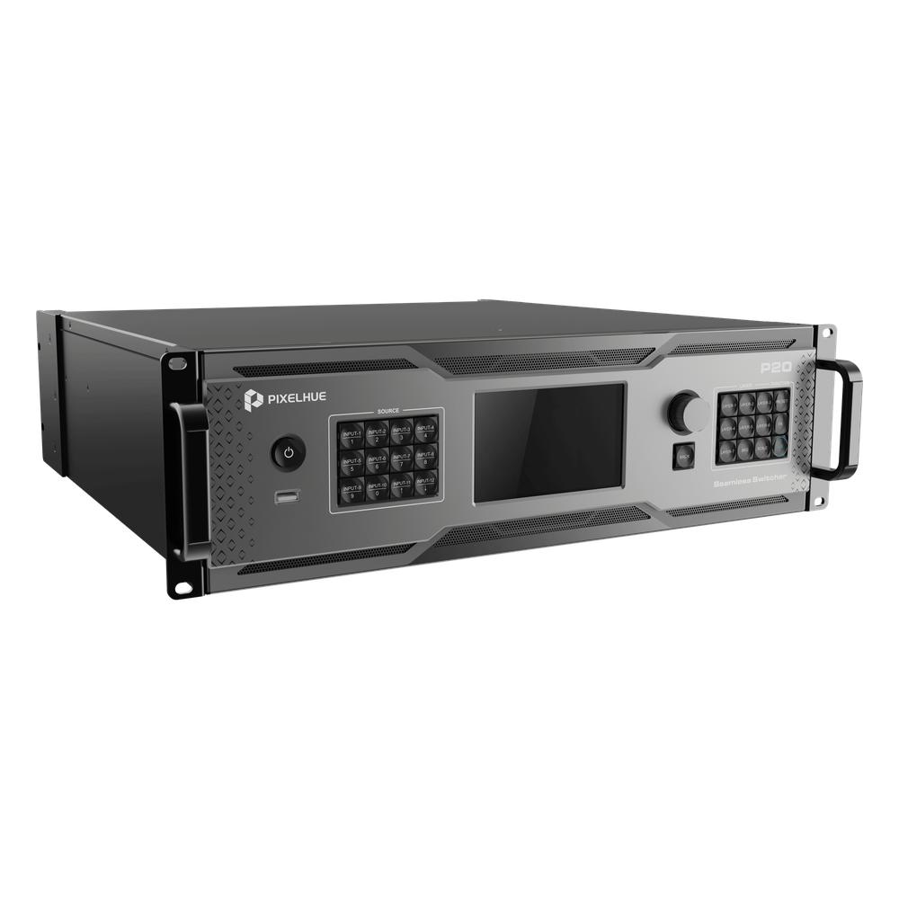 Switcher de Presentación 4K / Hasta 12 Capas DL (2 MAIN + 10 PIP) / 10G Fibra Óptica 10 km / HDMI 2.0 DP 1.2 12G-SDI / Modos Duales Switcher y PGM / Dante Audio 32x32 / Multiviewer Dedicado / Backup Automático