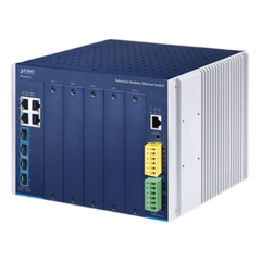 Switch Modular Industrial Capa 3 / 5 Slots / 4 Puertos Gigabit RJ45 / 4 Puertos SFP+ 10G / Rango de Temperatura -40~75°C / Entrada de Potencia Redundante 12-48V / Soporte IPv6/IPv4