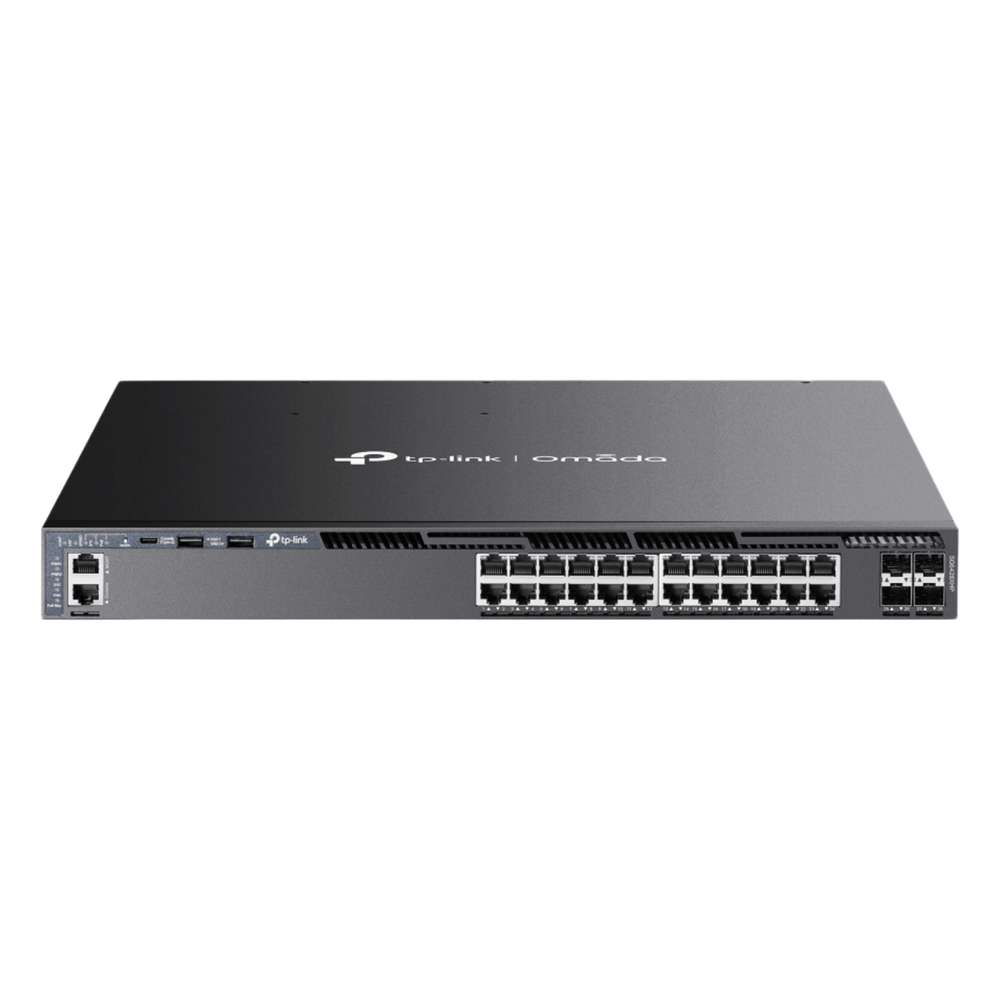 Switch L3 Gestionable PoE+ / 24 Puertos Gigabit / 4 Slots 10G SFP+ / Stackable / Presupuesto PoE 720W / Gestión Cloud Omada SDN / Redundancia de Alimentación