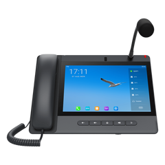 Teléfono IP Android 9.0 Empresarial para voceo 20 líneas SIP, pantalla táctil, Wi-Fi y Bluetooth, PoE, Voceo/ Musica por Multicast, puertos Gigabit, soporta recepción de video.
