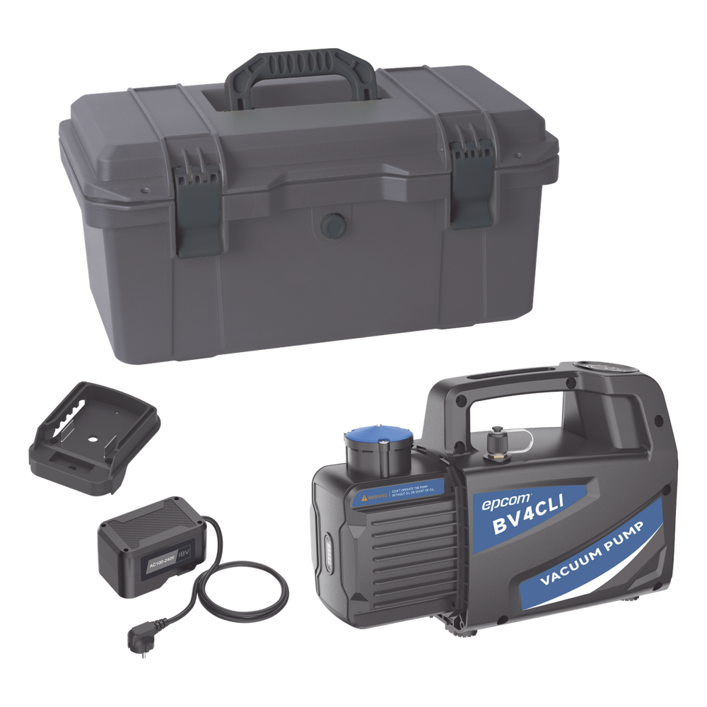Bomba de Vacío Inalámbrica KBV4 / 18V Ion-Litio / Vacío Total 160 microns / Caudal 4 CFM (114 L/min) / Capacidad Aceite 330 ml / Portátil 4.5 kg / Compatible AEG-RIDGID-Milwaukee / Tiempo Operación 45-60 min