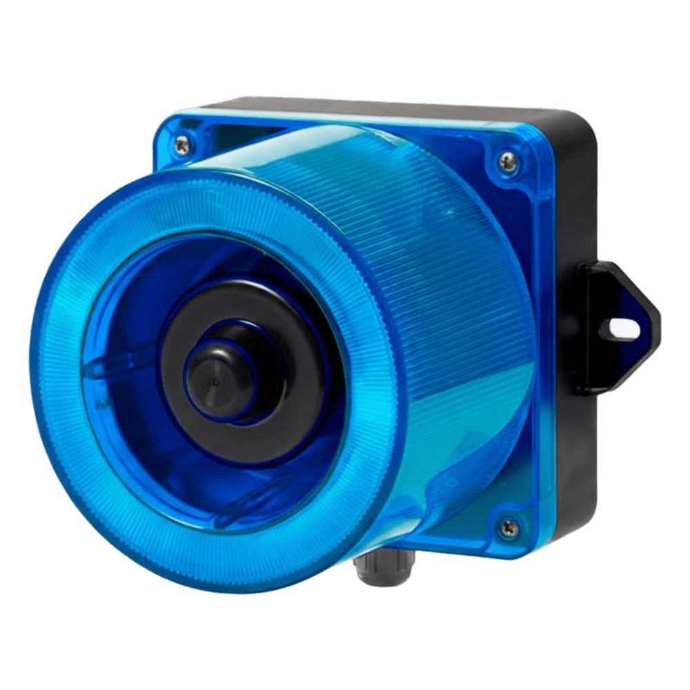 Combinacion de baliza LED color Azul y sirena electrónica de 31 tonos resistente a la intemperie de volumen máx. 123 dB a 12-24 VCD