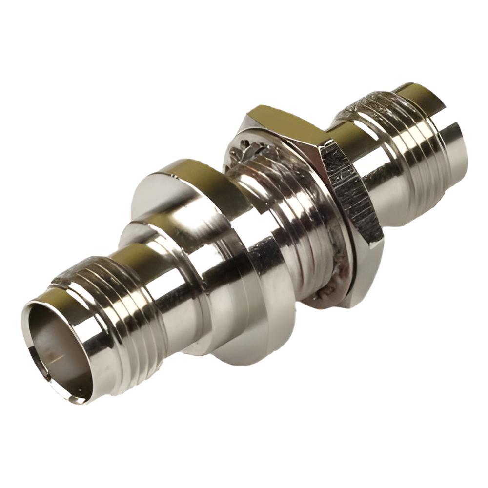 Adaptador Doble TNC Hembra para Chasis, Montaje Hermético con Aro de Goma y en Tipo D-Plano, Níquel/ Oro/ Teflón.