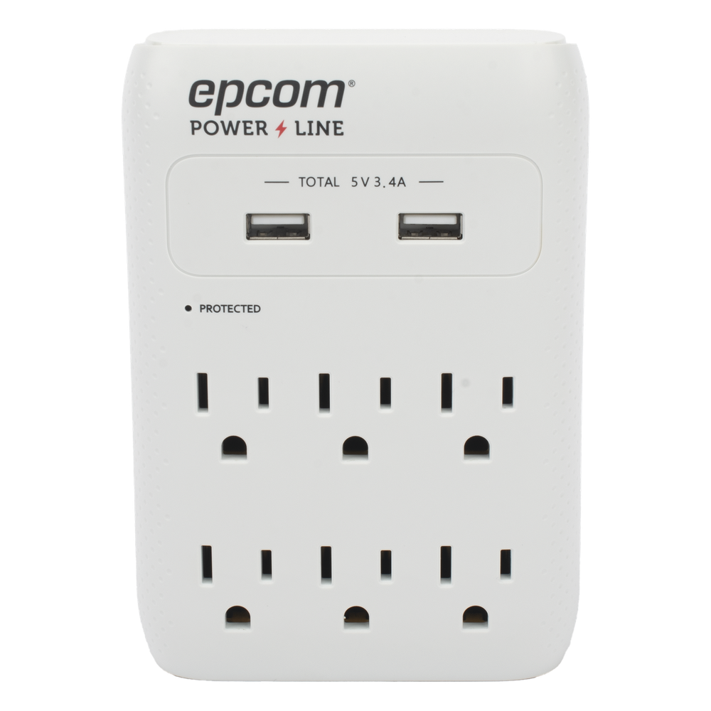 Multicontacto de Pared 110 Vca / Supresor de Picos 1080 Joules / 6 x Nema 5-15P / 2 x USB (5V @3.4A)