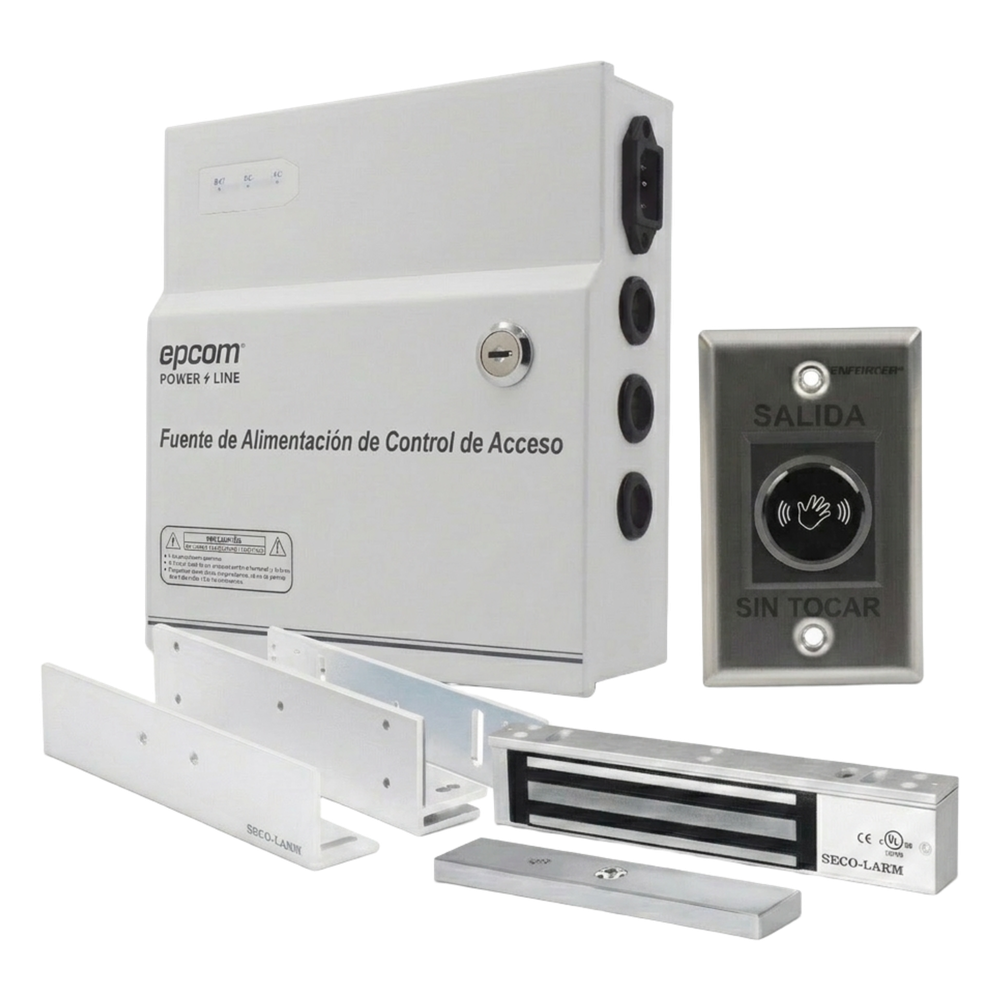 Kit para Control de Acceso Incluye Fuente de 12VCD / Soporta Batería de Respaldo/ Chapa Magnética de 600Lbs / Montajes L y Z / Botón de salida  / Certificación UL y ETL