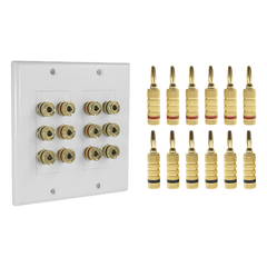 KIT 1 Placa de Pared + 6 Pares Conectores Banana (Rojo+Negro) | Postes de Unión Tipo Banana | Conexión para 6 Altavoces | Fácil Instalación | Conectores Chapados en Oro