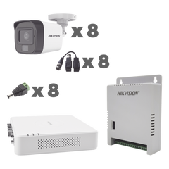 KIT TurboHD 1080p / DVR 8 Canales con audio por coaxitron / 8 Cámaras con Micrófono Integrado 101° Visión/  luz blanca + IR visión nocturna  / Transceptores / Conectores / Fuente de Poder Profesional