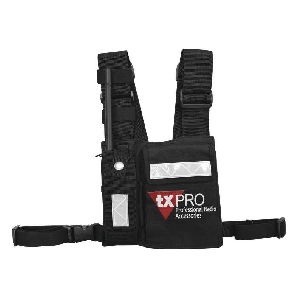 Pechera Universal con soporte para radio, sostén de bolígrafo y seguridad para la bolsa con cinta adherente. Logo TX-PRO.