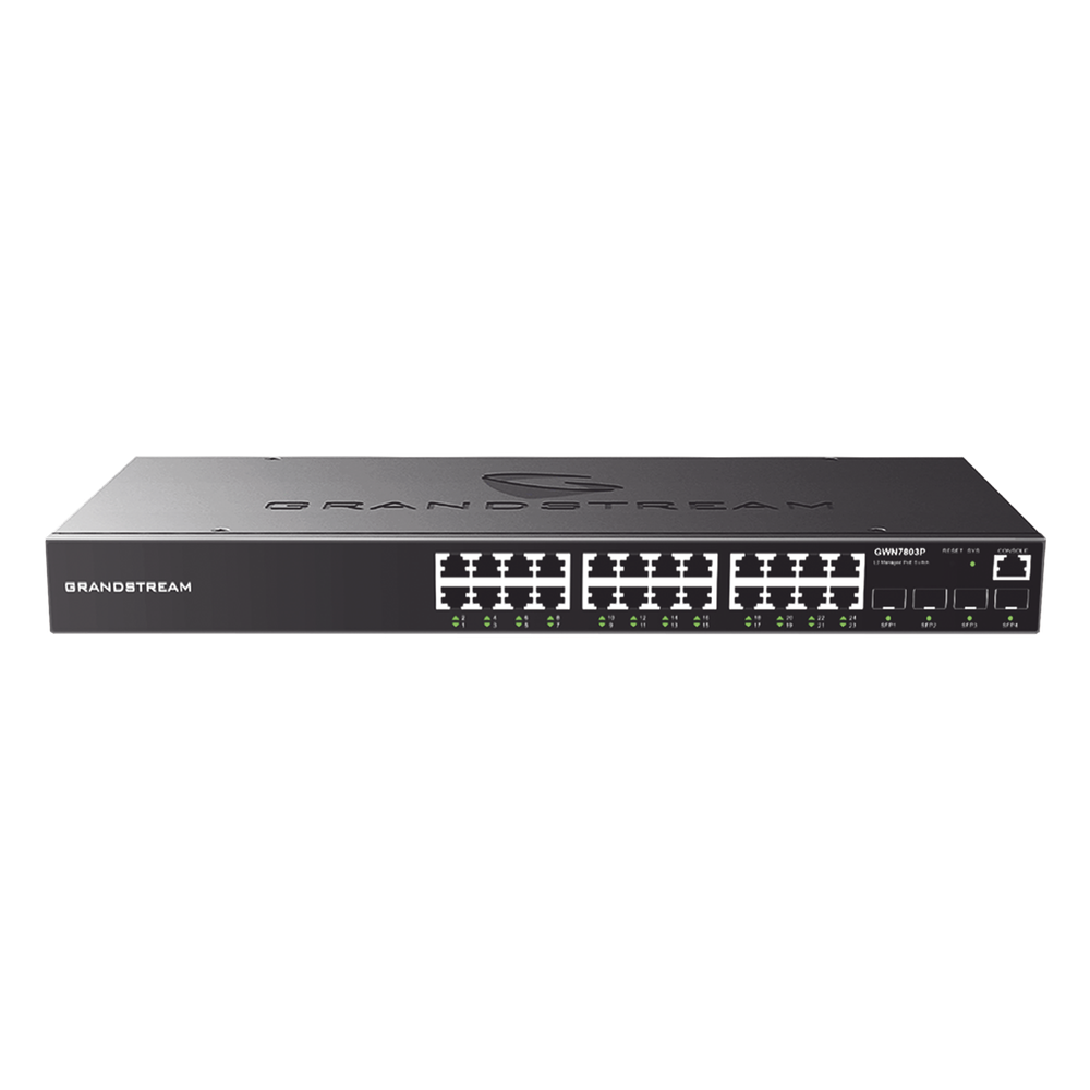 Switch PoE+ Administrable / 24 Puertos 10/100/1000 Mbps + 4 SFP / 360W PoE Total / Switching 56 Gbps / Cloud GWN Sin Costo / Montable en Rack