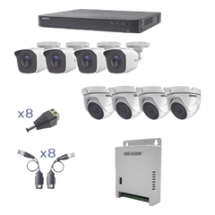 KIT TurboHD 1080p / DVR 8 Canales / 4 Cámaras Bala (exterior 2.8 mm) / 4 Cámaras Eyeball (exterior 2.8 mm) / Transceptores / Conectores / Fuente de Poder Profesional hasta 15 Vcc para Largas Distancias