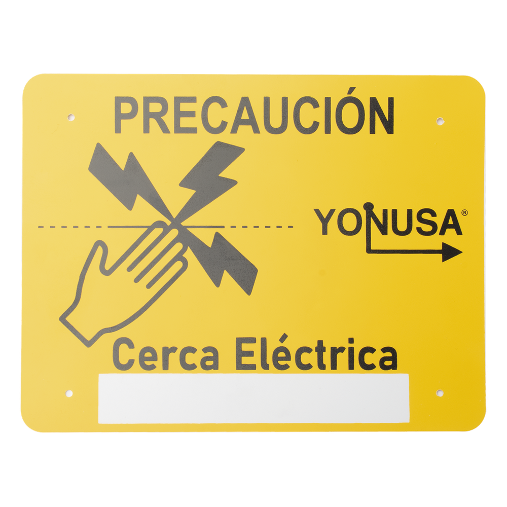 Letrero de PRECAUCION para cercas electrificadas (21.8 x 17 cm) / Estireno Serigrafiado 2 Tintas / Protección UV / 4 Perforaciones