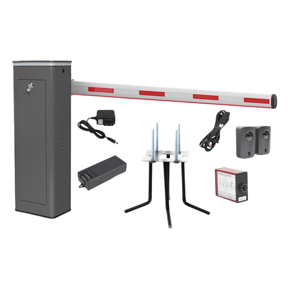 Kit COMPLETO Barrera Derecha XBS Con Corona LED / Brazo Iluminado de 5M / Incluye Sensor de Masa, Transformador, Lazo Magnético, Ancla, Fotoceldas y 2 Controles Inalámbricos