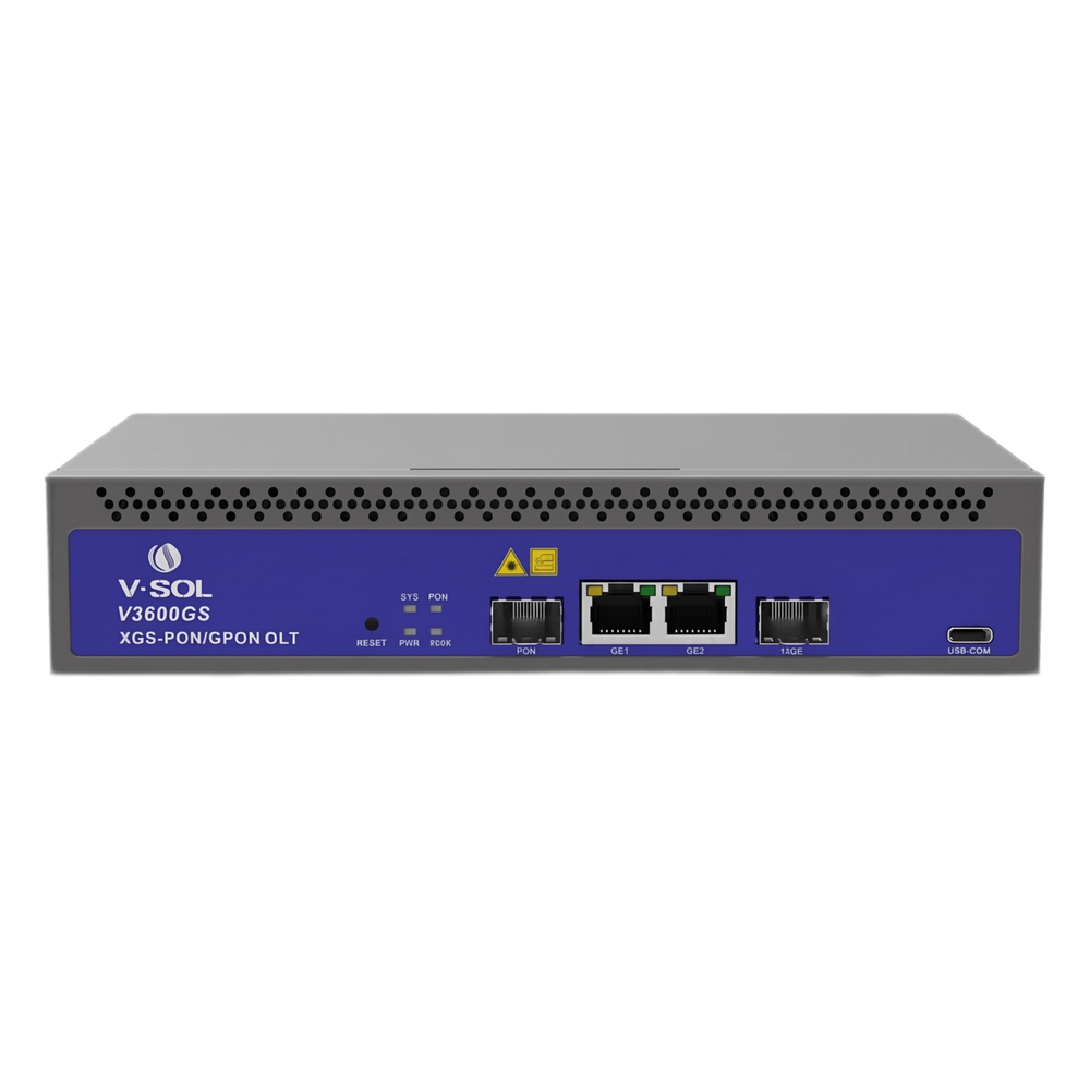 OLT de 1 puerto Combo GPON/XG(S)PON con 3 puertos Uplink (2 puertos Gigabit Ethernet + 1 puerto SFP/SFP+), hasta 128 ONU/ONT