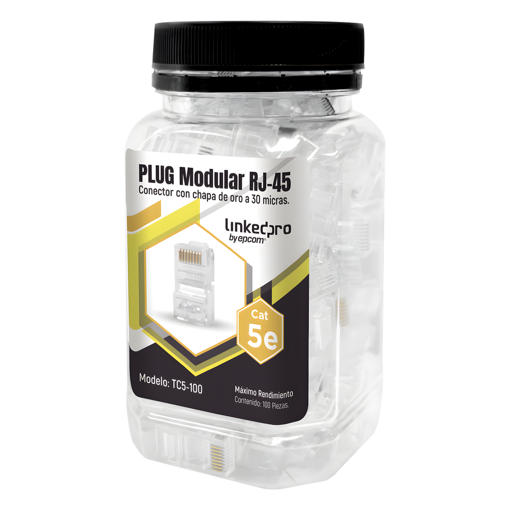 Bote con 100 Piezas de Plug Modular RJ45 Cat5e sin Blindaje, Chapado de Oro a 30 Micras para Durabilidad Extrema