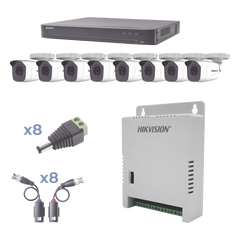 KIT TurboHD 1080p / DVR 8 Canales / 8 Cámaras Bala (exterior 2.8 mm) / Transceptores / Conectores / Fuente de Poder Profesional hasta 15 Vcc para Larga Distancias