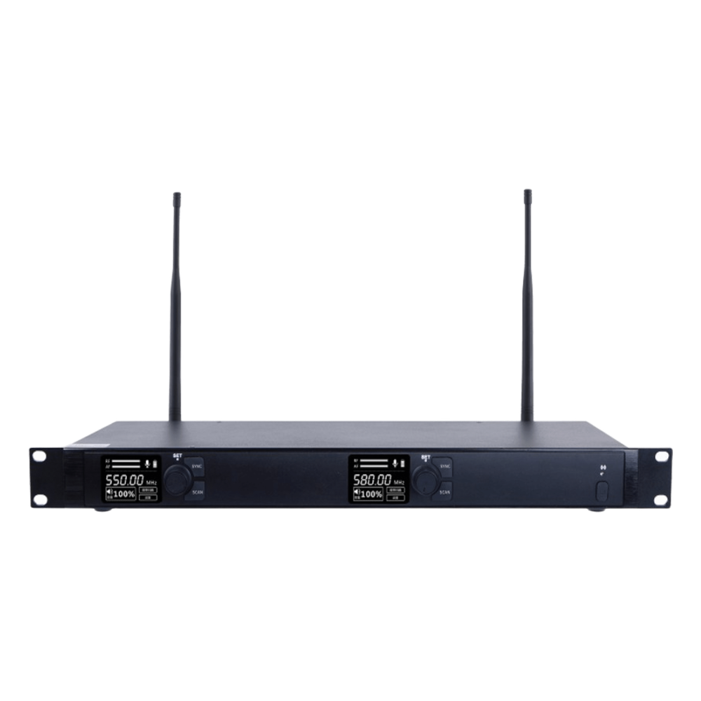 Receptor Inalámbrico Dual Canal Digital U-Band | 4 Bandas de Frecuencia (470-830 MHz) | Transmisión Digital pi/4-DQPSK | Pantalla TFT-LCD 2.2" | Anti-Interferencia con ID Code Pilot | Salidas Balanceadas y Desbalanceadas | Ecualizacion