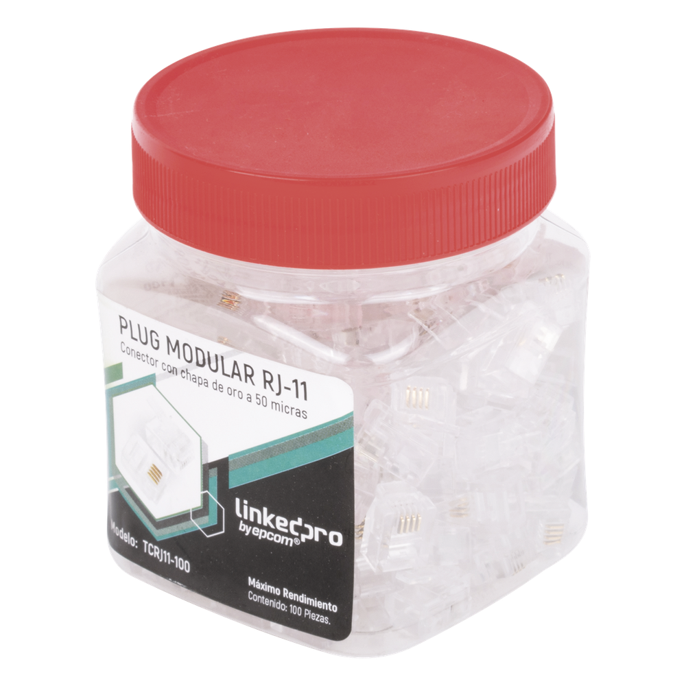 Bote con 100 Piezas de Plug Modular Tipo RJ11 de 4 Contactos Chapado de Oro a 50 Micras