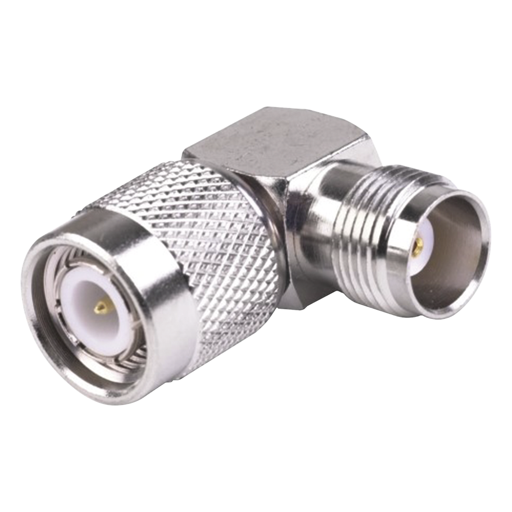 Adaptador de TNC Macho a TNC Hembra en Ángulo Recto, RoHs Compliant, Níquel/ Oro/ Teflón.