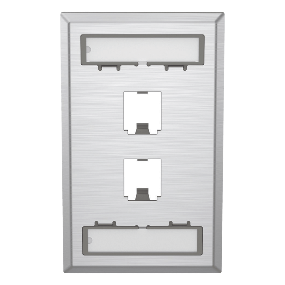 Placa de Pared Vertical, de Acero Inoxidable, Salida Para 2 Puertos Mini-Com, Con Espacios Para Etiquetas