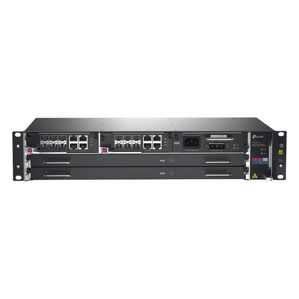DeltaStream - OLT Módular GPON / Conexión de hasta 4,096 ONUs / 2 Tarjetas Main / Puertos Gigabit RJ45 Uplink / 4 Puertos SFP+ Uplink / Fuente Redundante AC- DC (incluida) / Administración desde la nube (DPMS)