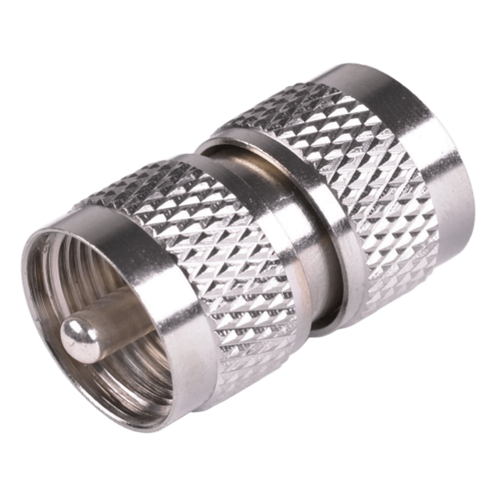 Adaptador Barril en Línea, de Conector UHF Macho (PL-259) a UHF Macho (PL-259), Níquel/ Plata/ Teflón.