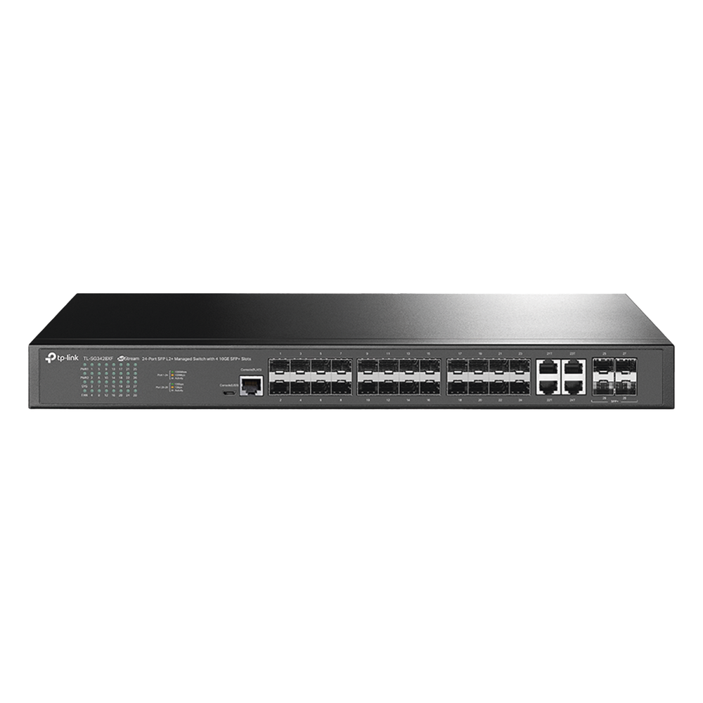 Switch de Fibra Óptica L2+ Omada / 24 puertos SFP 1GE / 4 Puertos Combinados SFP+/RJ45 Gigabit / 2 Puertos Consola RJ45|micro-SUB / Administración Centralizada Omada o Stand-Alone / Compatile con IPv6 /  Multicast IGMP