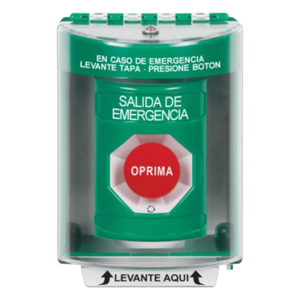 Botón de Salida de Emergencia, Cubierta de Policarbonato Súper Resistente de Superficie con Espaciador, Activación de Acción Mantenida, Con Bocina de Advertencia