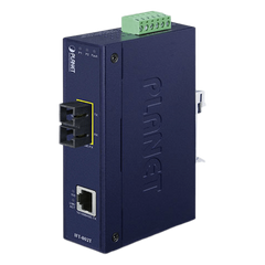 Convertidor de Medios Industrial, Multimodo, Puertos 10/100 Base-TX a 100 Base-FX, Interfaz SC, Hasta 2 km, Carcasa IP30, Soporta Temperatura de -40 a 75°C.