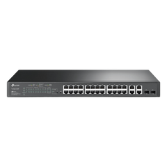 Switch PoE+ JetStream SDN Administrable 24 puertos 10/100 Mbps + 2 puertos 10/100/1000 Mbps (Uplink) + 2 puertos SFP (combo 2 RJ45 10/100/1000 Mbps), 250W, administración centralizada OMADA SDN