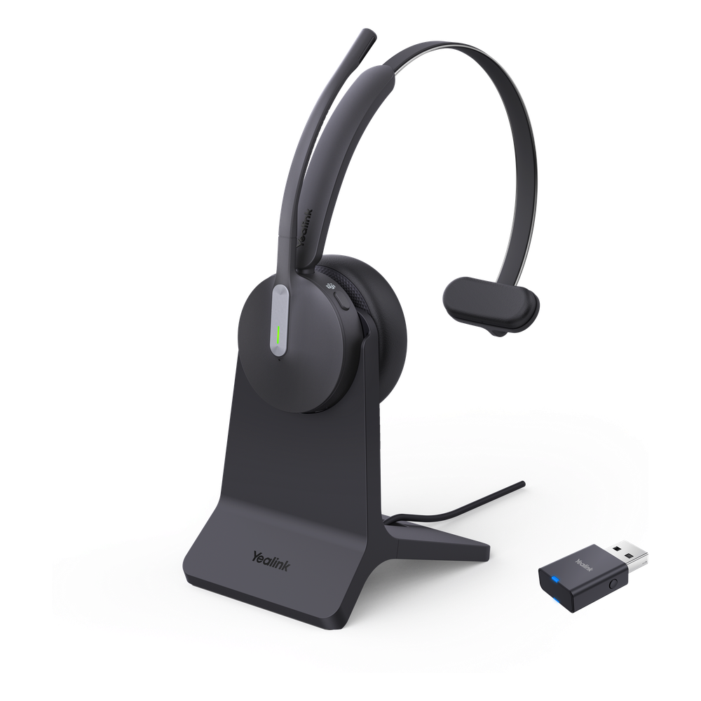 Auriculares híbridos mono Yealink WH64 edición MS/ Adaptador DECT y auriculares con Bluetooth integrado/ Cancelación de ruido con 3 micrófonos/ Alcance inalámbrico de 150 m