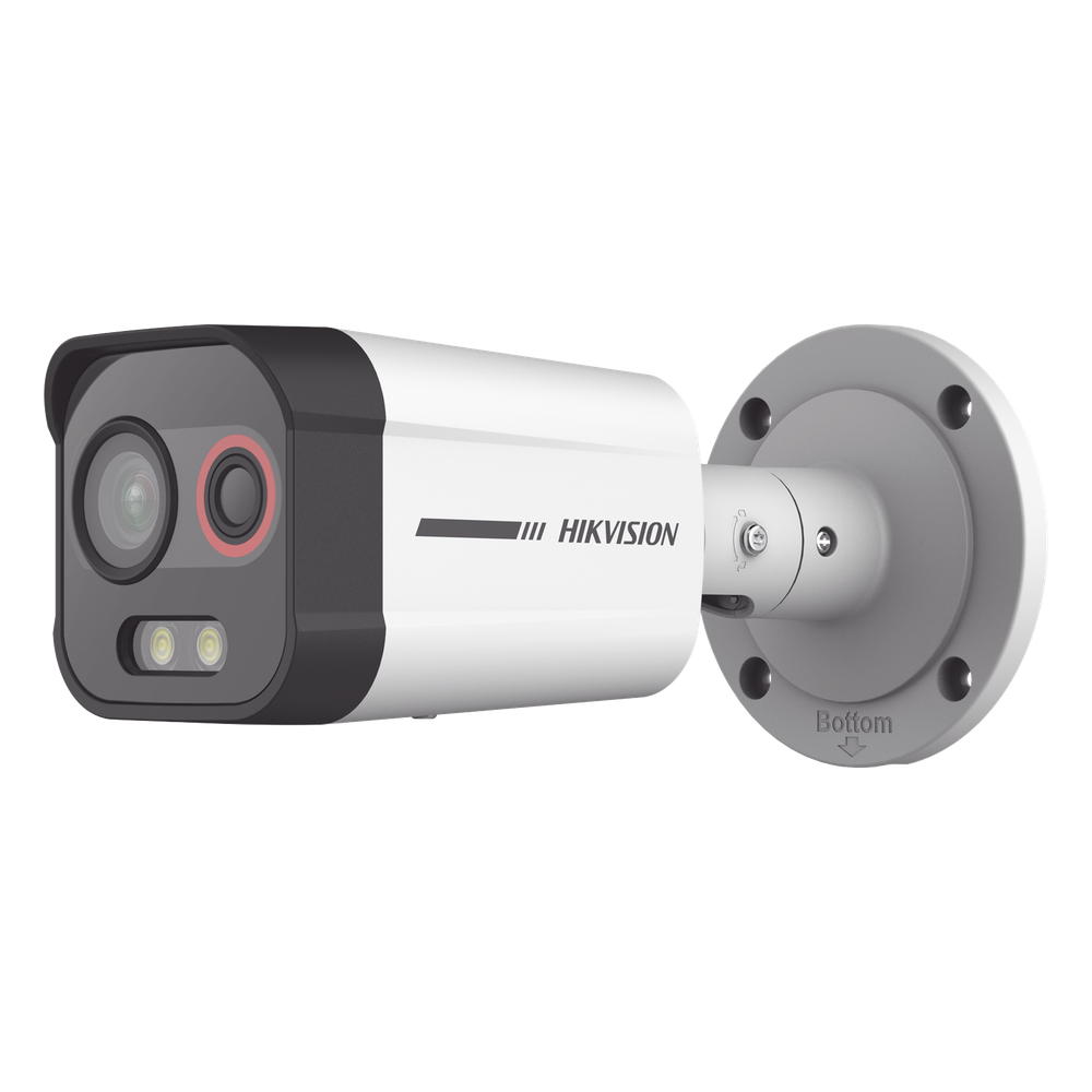 Cámara Bala IP Térmica y Óptica Biespectral / Análisis de Video (VCA) para Protección Perimetral / Clasifica Vehículo/Humano / Térmica 96 x 72 / Óptica 4 MP ColorVu / IP67 / Audio y Alarma Visual