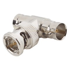Adaptador en T para 50 Ohm de BNC Macho a Doble BNC Hembra, Maquinado, Níquel/ Oro/ Teflón.